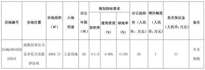 疏勒县自然资源局国有建设用地使用权挂牌出让公告